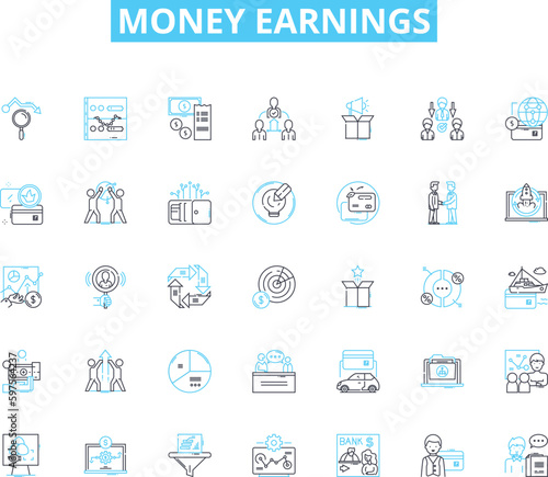 Money earnings linear icons set. Income, Salary, Wages, Profit, Revenue, Earnings, Paycheck line vector and concept signs. Compensation,Remuneration,Stipend outline illustrations Generative AI