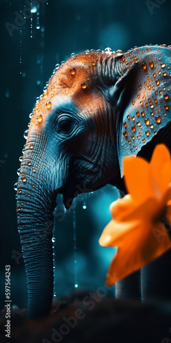 Cute Baby Elephant Calf Plays in Rain and Sunshine Amidst Orange Flowers - Capturing Innocence  Wonder  Joy   Natural Beauty - Loxodonta Africana   Elephas Maximus. Generative AI.