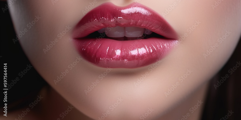 Glamorous fashion makeup with bright pink lip gloss with gloss. Macro of the female part of the face. glossy lip makeup, gorgeous lady. Generative Ai - obrazy, fototapety, plakaty 