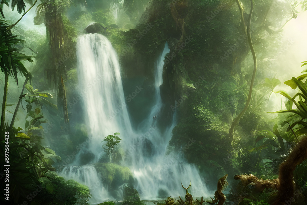 waterfall in a tropical jungle, Generative AI waterfall in a tropical jungle, Generative AI
