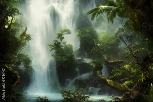 waterfall in a tropical jungle, Generative AI