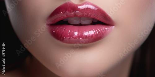 Glamorous fashion makeup with bright pink lip gloss with gloss. Macro of the female part of the face. glossy lip makeup, gorgeous lady. Generative Ai