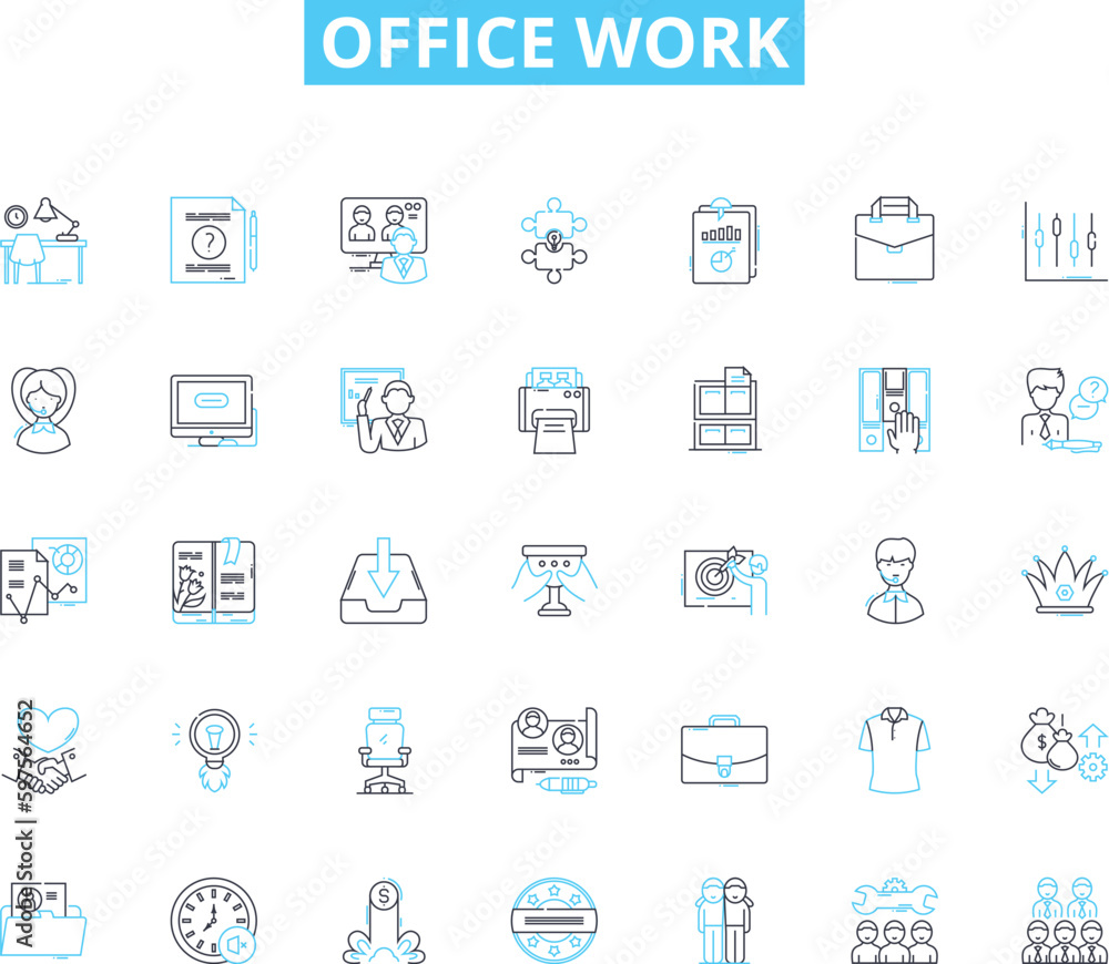 Office work linear icons set. Collaboration, Productivity, Organization, Efficiency, Communication, Meetings, Deadlines line vector and concept signs. Generative AI Office work linear icons set. Collaboration, Productivity, Organization, Efficiency, Communication, Meetings, Deadlines line vector and concept signs. Generative AI