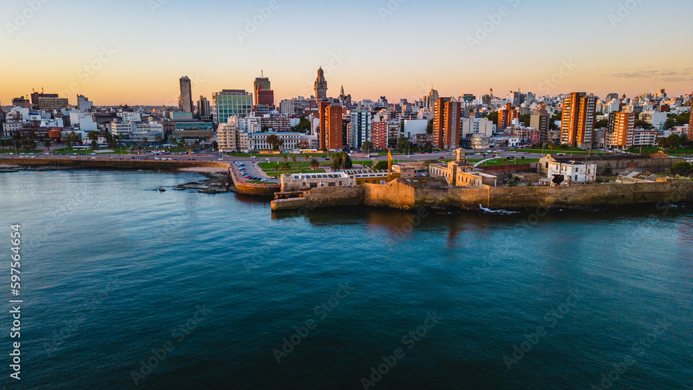 aerial cityscape of Montevideo at sunset 