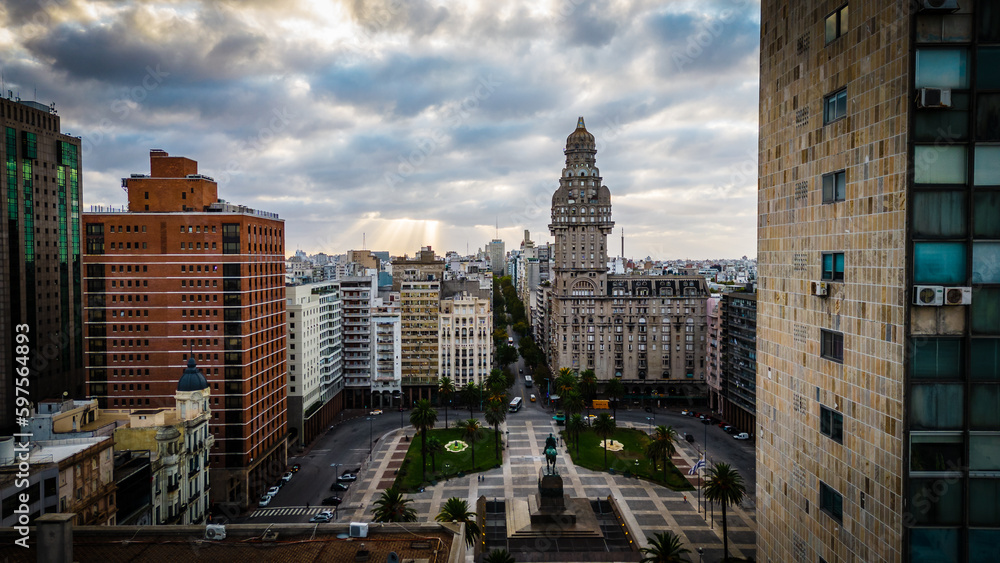 Dramatic view of Palacio Salvo building and Montevideo, Uruguay cityscape