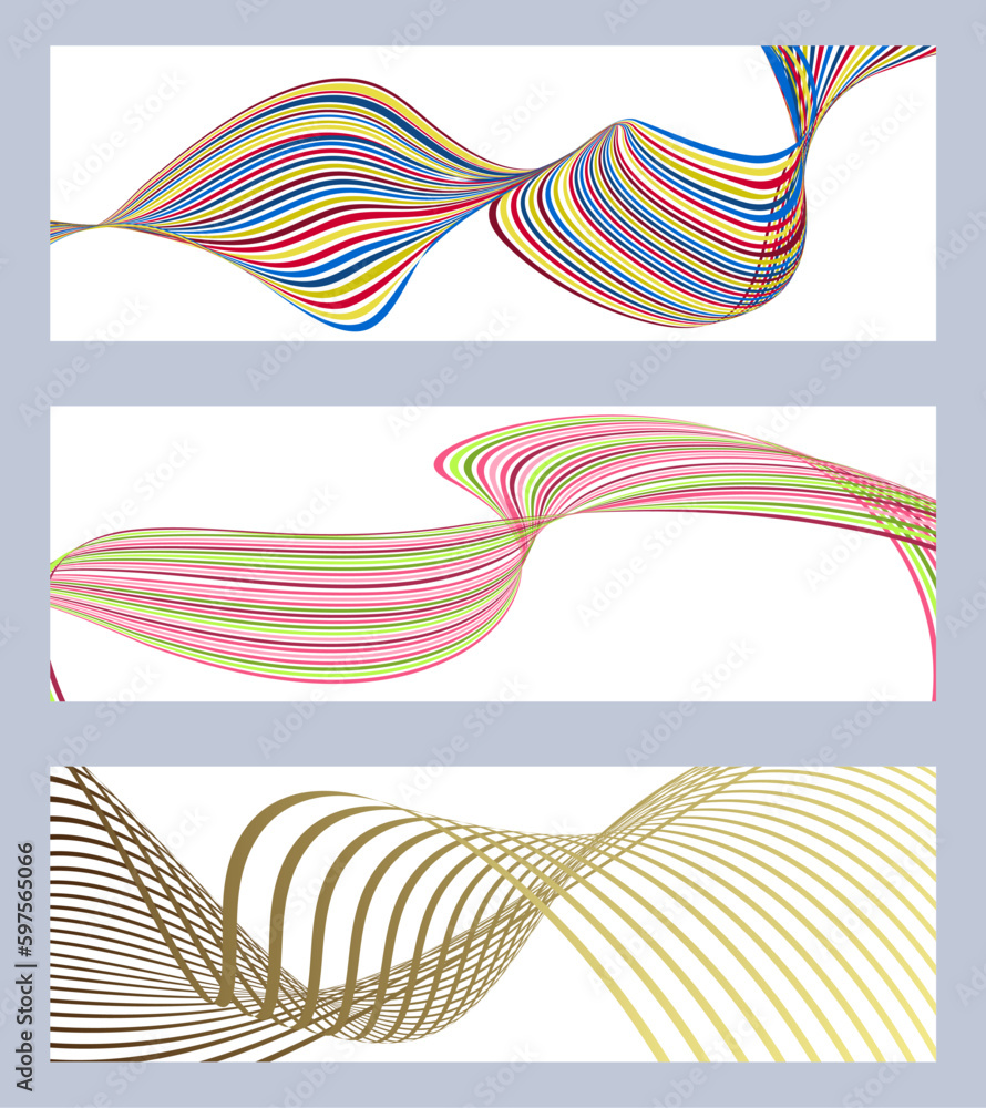 Obraz premium Wavy lines or ribbons. Set of 3 backgrounds. Multicolored striped gradient. Creative unusual background with abstract gradient wave lines to create a trendy banner, poster. vector eps