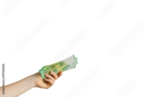 hand holding 100 euro banknote money on white background. business concept of money transfer, cash payment.