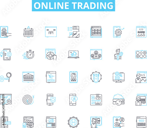 Online trading linear icons set. Stocks, Forex, Cryptocurrency, Options, Futures, Brokerage, Trading line vector and concept signs. Derivatives,Investing,Market outline illustrations Generative AI