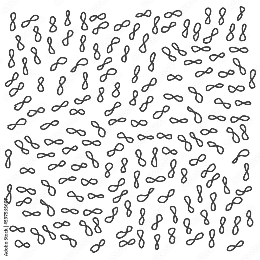 Black abstract loops, infinity sign in a chaotic pattern, hand drawn in doodles. Vector black and white geometric background