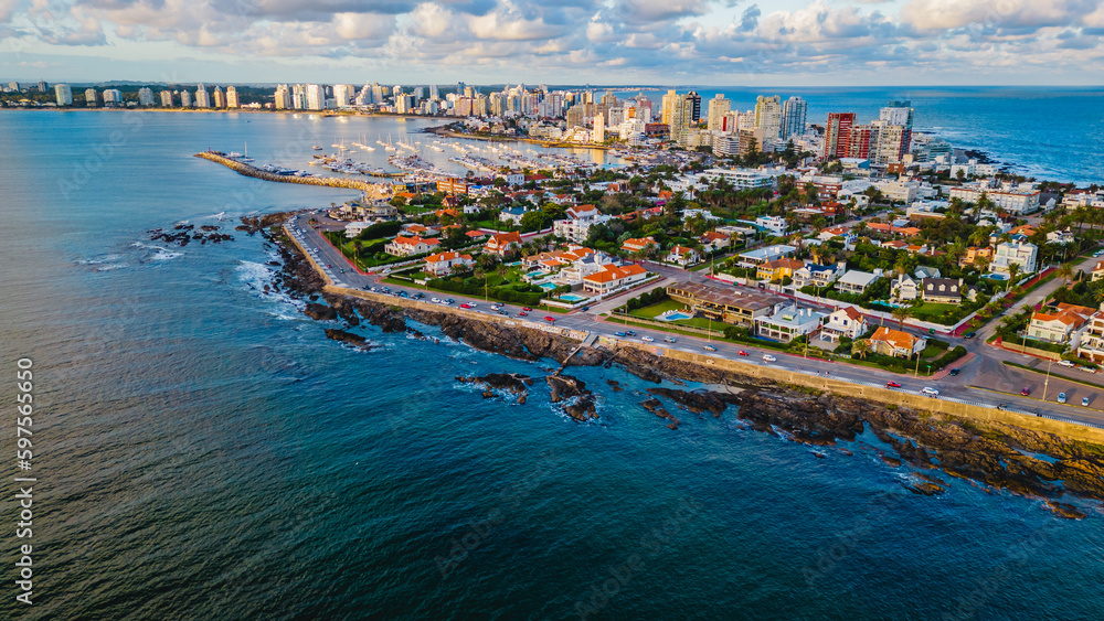 Aerial drone of Punta del Este city and coastline, Uruguay