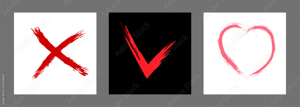 The cross, heart and OK symbol are hand-drawn with a brush. Prohibition, denial, error. Love. Approval, consent. Vector, set of 3 characters The cross, heart and OK symbol are hand-drawn with a brush. Prohibition, denial, error. Love. Approval, consent. Vector, set of 3 characters