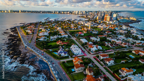 Sunlit Punta del Este coastline waterfront skyscraper resort city landscape Uruguay skyline aerial view