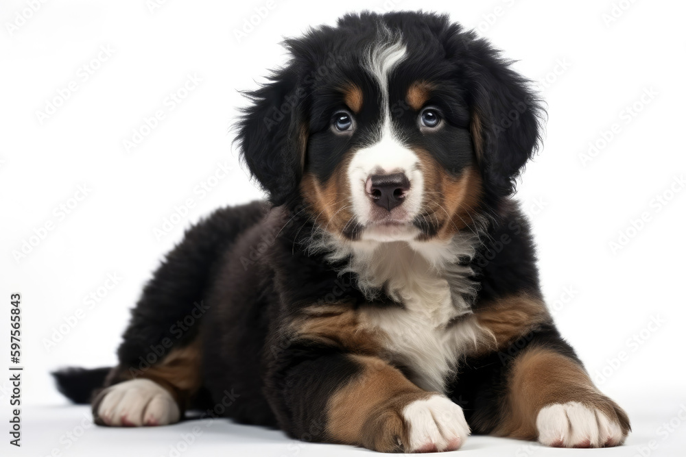 Bernese Mountain Dog Dog Puppy On White Background, Full Body. Generative AI Bernese Mountain Dog Dog Puppy On White Background, Full Body. Generative AI