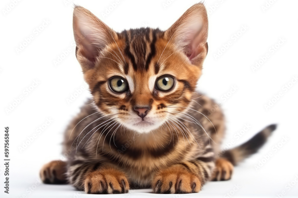 Fototapeta premium Bengal Toyger Kitten On White Background. Generative AI