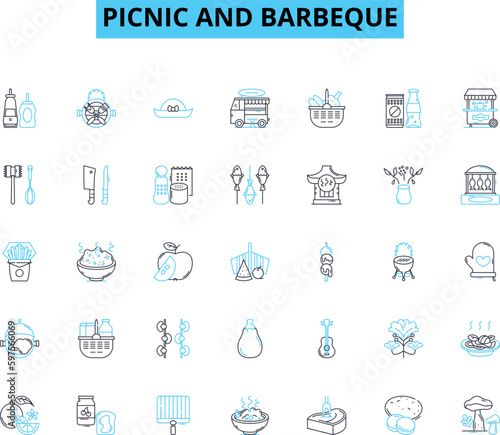 Picnic and barbeque linear icons set. Sizzling, Outdoorsy, Chill, Smoky, Grilled, Juicy, Scrumptious line vector and concept signs. Fresh,Mouthwatering,Delightful outline illustrations Generative AI