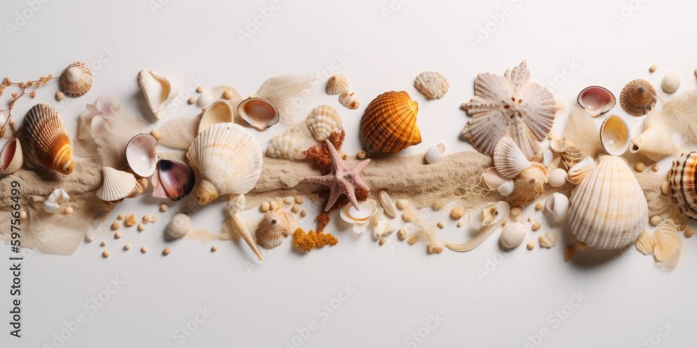 Fototapeta premium Seashell and starfish collage on white background
