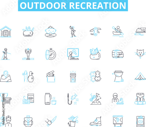 Outdoor recreation linear icons set. Hiking, Camping, Fishing, Biking, Hunting, Climbing, Kayaking line vector and concept signs. Rafting,Swimming,Exploring outline illustrations Generative AI