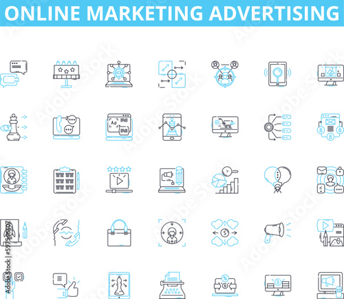 Online marketing advertising linear icons set. Strategy, Targeting, Analytics, Engagement, Conversion, Optimization, Branding line vector and concept signs. Content,Promotion,Segmentation outline