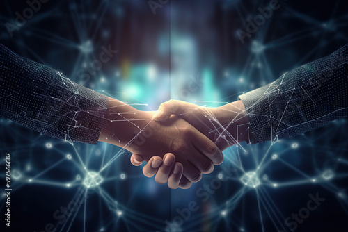 Business finance handshake partnership, investment agreement, financial deal, corporate contract, business acquisition, trading stocks and crypto, money technology asset background. Generative AI photo
