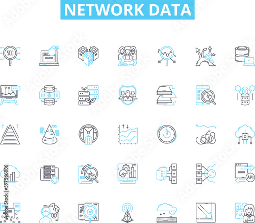 Network data linear icons set. Connectivity, Traffic, Latency, Throughput, Bandwidth, Nodes, Protocol line vector and concept signs. Packet,Gateway,Switch outline illustrations