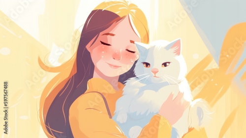 A heartwarming scene of a little girl and her beloved cat snuggling together in the morning light. Generative AI