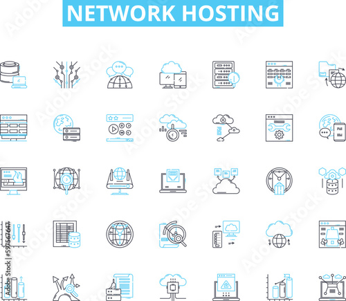 Network hosting linear icons set. Cloud, Server, Virtualization, Bandwidth, Colocation, Datacenter, Firewall line vector and concept signs. Hosting,Internet,IT outline illustrations