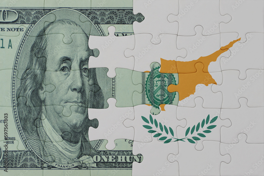 puzzle with the national flag of cyprus and dollar money banknote. macro.concept.