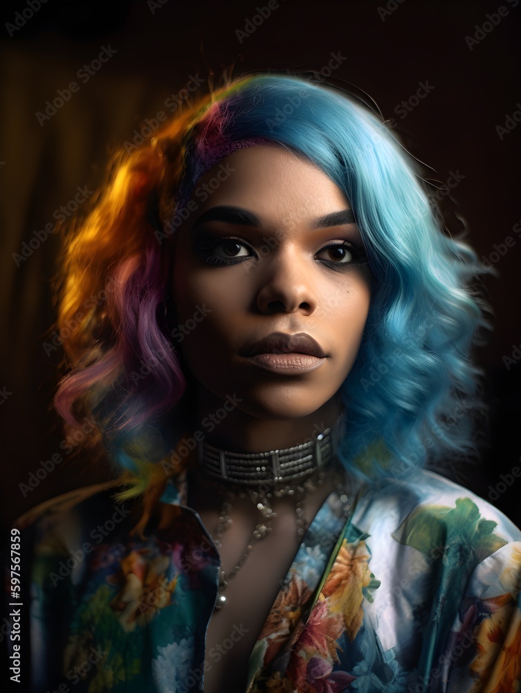 Transgender person portrait with the flag and rainbow colors, AI-generated
