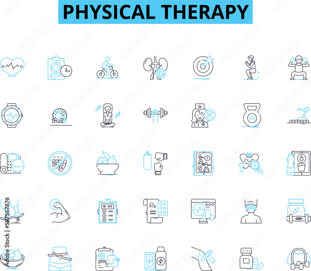 Physical therapy linear icons set. Rehabilitation, Exercises, Manual, Orthopedic, Strength, Flexibility, Mobility line vector and concept signs. Joint,Pain,Progress outline illustrations Physical therapy linear icons set. Rehabilitation, Exercises, Manual, Orthopedic, Strength, Flexibility, Mobility line vector and concept signs. Joint,Pain,Progress outline illustrations
