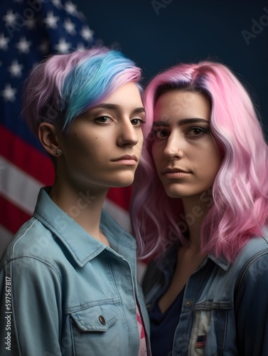 US american transgender person portrait with the flag and rainbow colors, AI-generated