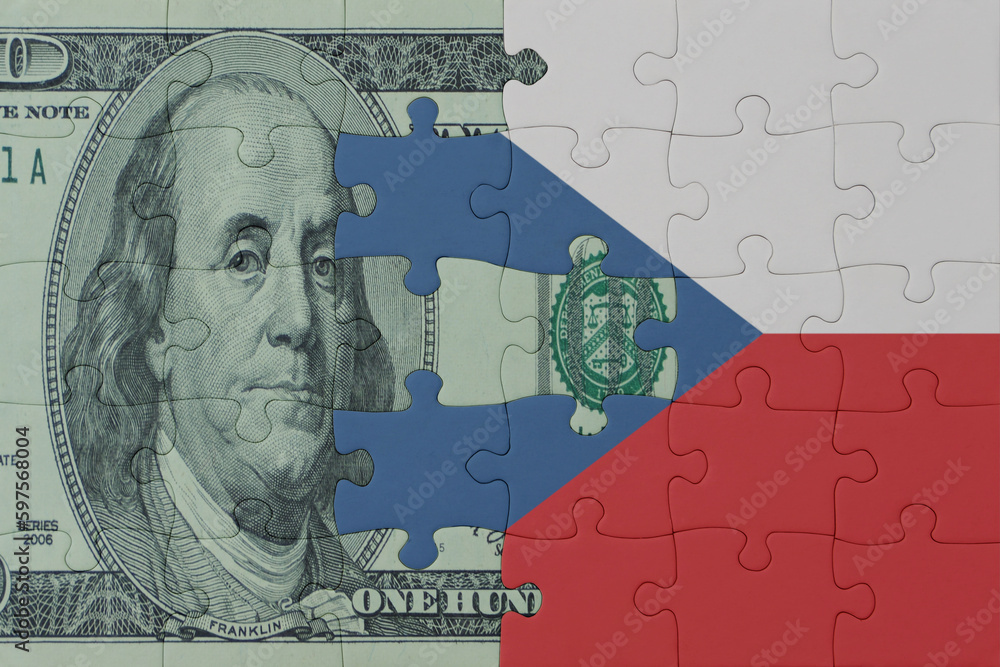 puzzle with the national flag of czech republic and dollar money banknote. macro.concept.