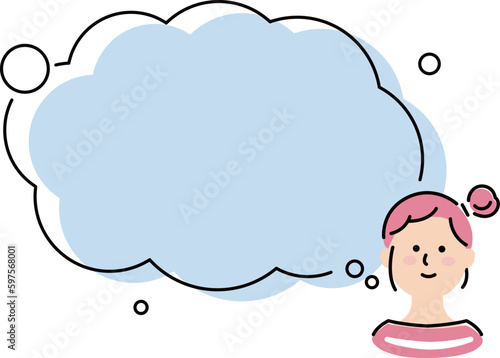 This illustration shows a girl with long hair imagining big speech bubbles and fun things to do.