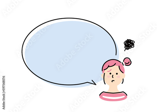 Plakat w ramie This illustration shows a girl with long hair who speaks with a large speech balloon and a troubled face.