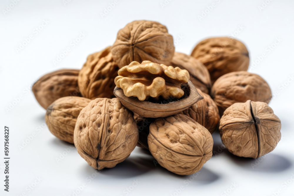 Handful Walnuts On White Background. Generative AI Handful Walnuts On White Background. Generative AI