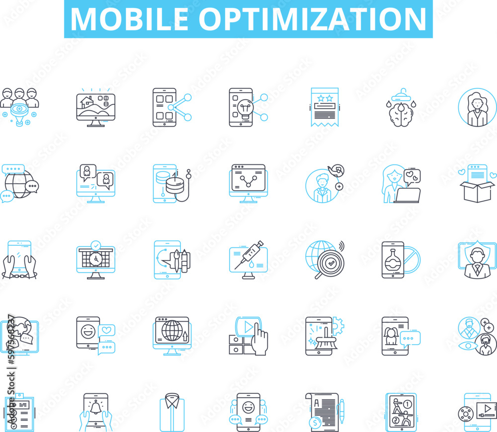 Mobile optimization linear icons set. Responsiveness, Compatibility, Adaptability, Streamlining, Efficiency, Accessibility, User-friendliness line vector and concept signs. Integration,Optimization