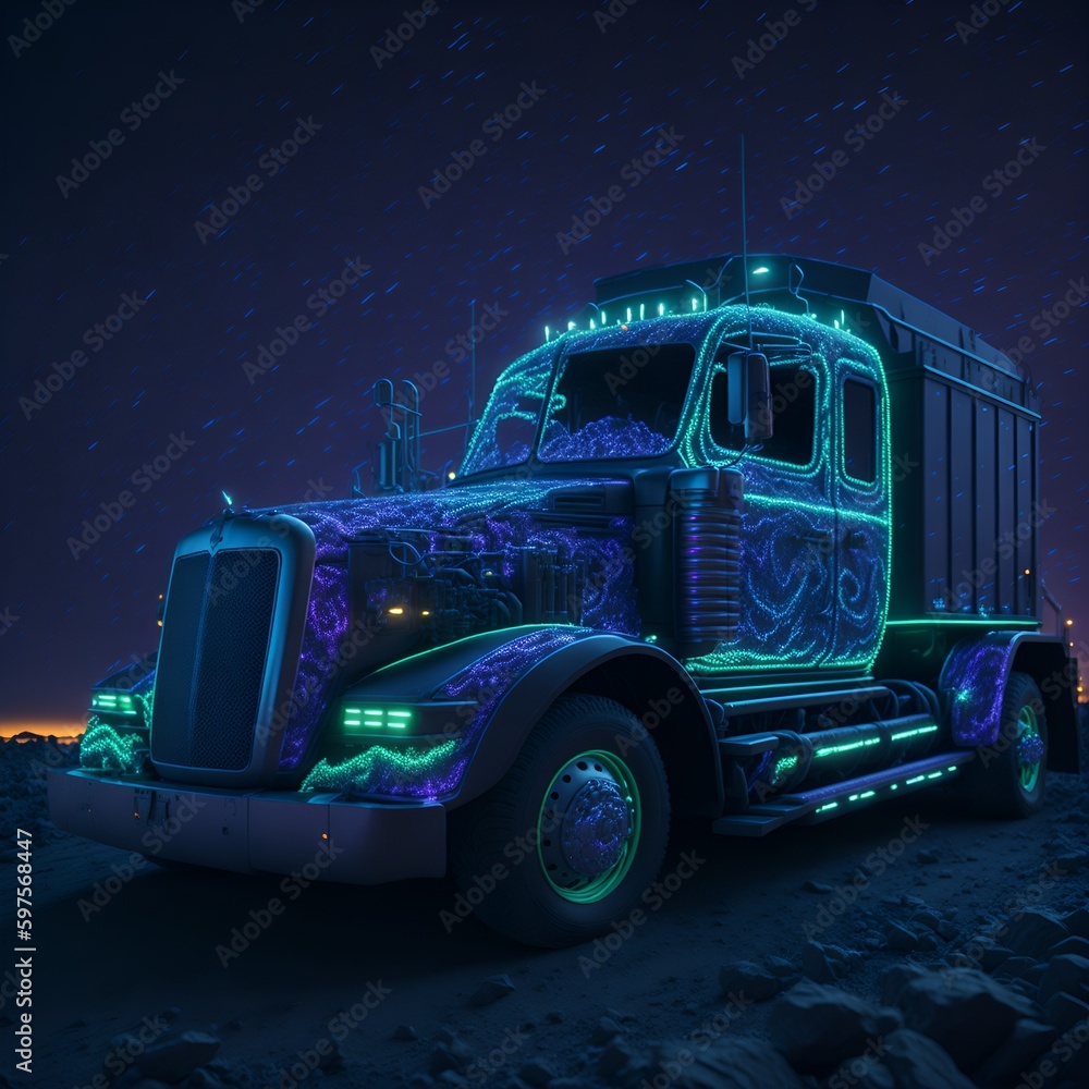 truck with reflections and neon lights in the night