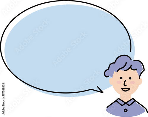 This illustration shows a boy with permed hair speaking in a large speech balloon.