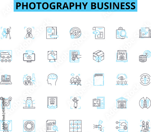 photography business linear icons set. lens, aperture, shutter, flash, light, exposure, composition line vector and concept signs. portrait,landscape,wedding outline illustrations