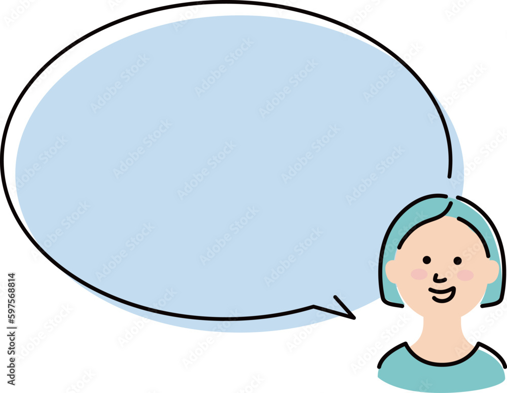 This illustration shows a woman with bobbed hair who speaks with a large speech balloon and a smile.