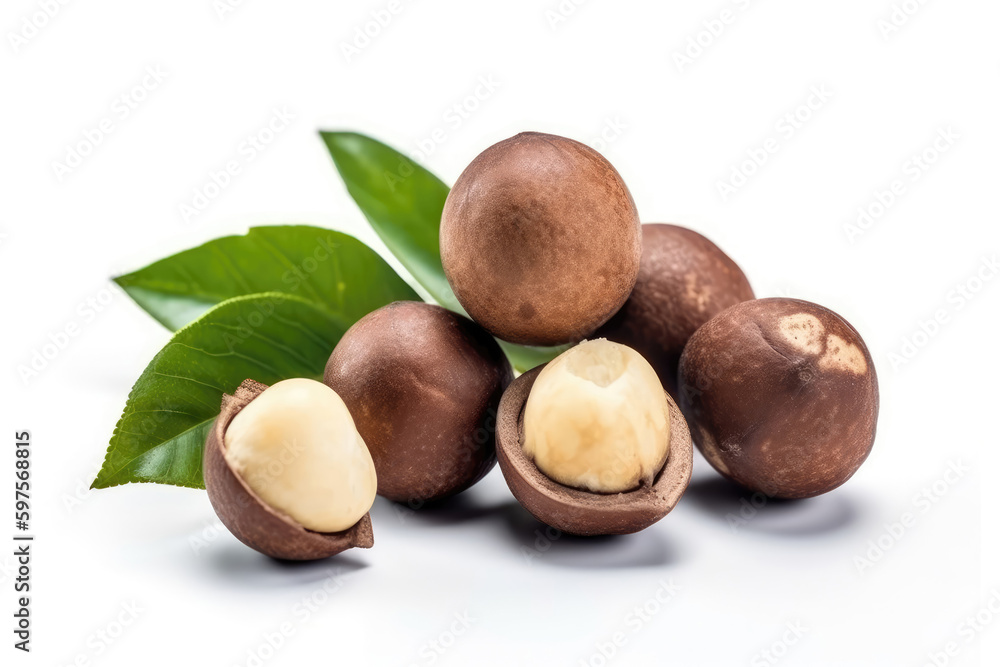 Macadamia Nuts On White Background. Generative AI Macadamia Nuts On White Background. Generative AI