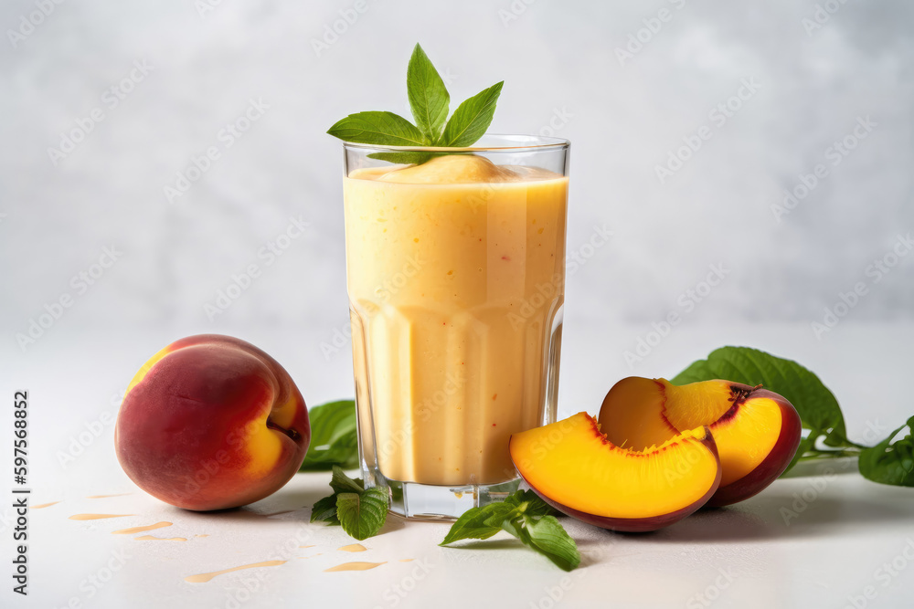 Fototapeta premium Peach Mango Smoothie On White Background. Generative AI