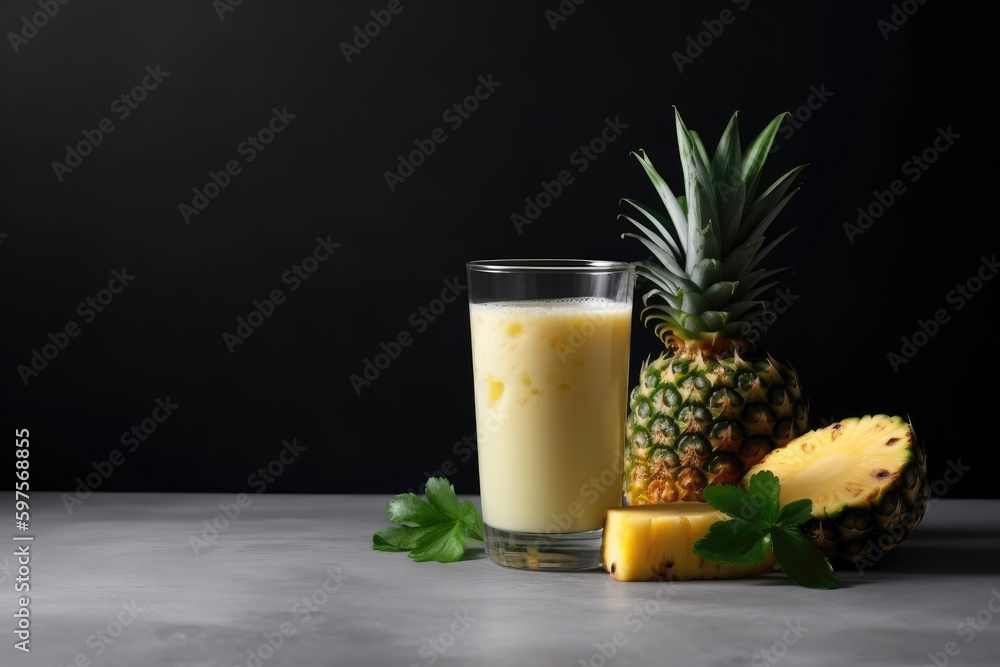 Pineapple Smoothie On Black Background. Generative AI Pineapple Smoothie On Black Background. Generative AI