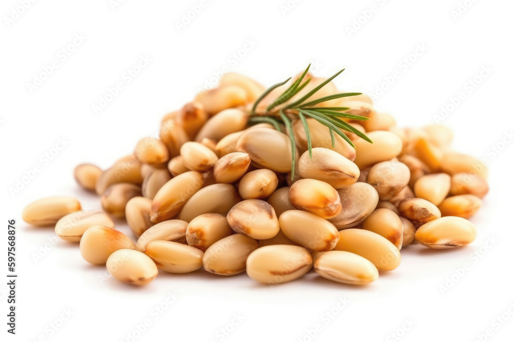 Pine Nuts On White Background. Generative AI Pine Nuts On White Background. Generative AI