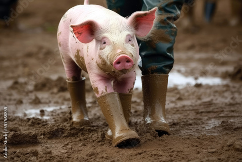 A Pig In Boots And A Farmer Walking Side By Side In The Mud. Generative AI