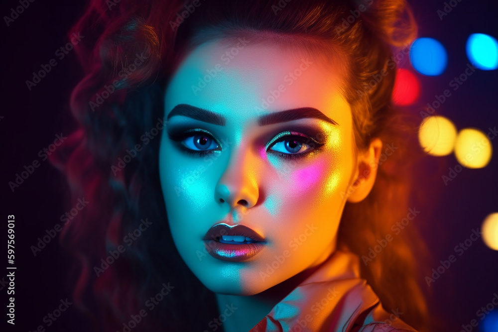 bela mulher com maquiagem fashion neon colorida para noite 