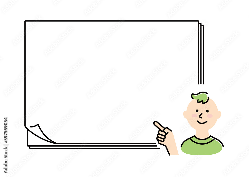 This illustration shows a boy explaining in front of a large sheet of paper. This illustration shows a boy explaining in front of a large sheet of paper.
