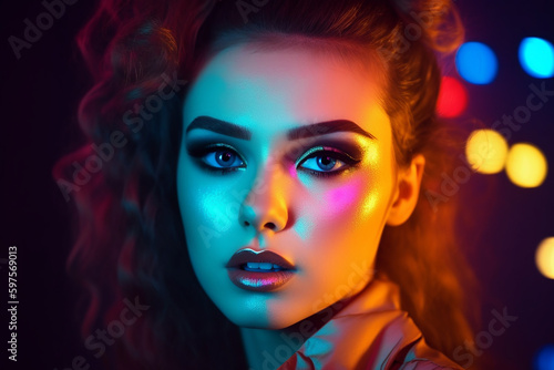 bela mulher com maquiagem fashion neon colorida para noite 