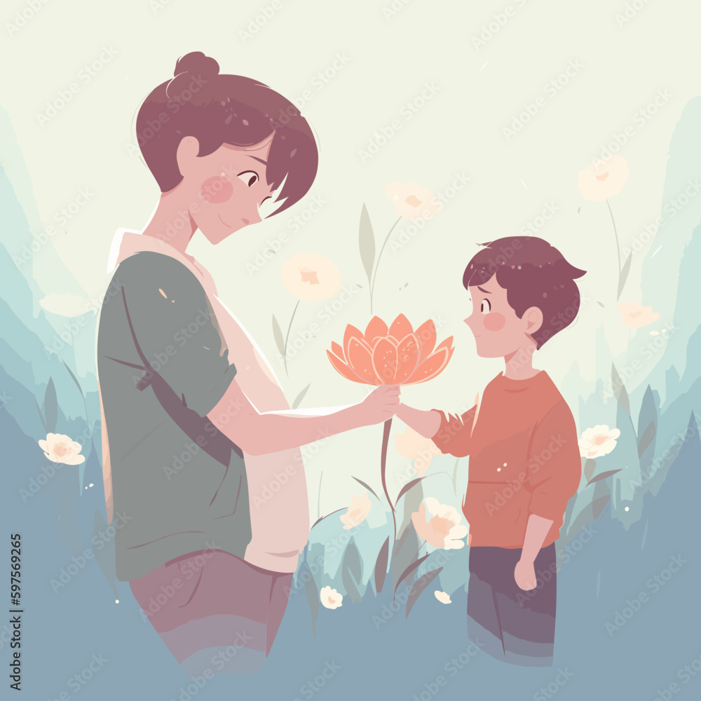 Boy handing a flower to mom Boy handing a flower to mom