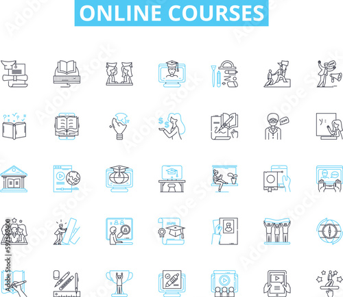Online courses linear icons set. E-learning, Virtual, Distance, Web-based, Remote, Digital, Cyber line vector and concept signs. Internet,Interactive,Cloud-based outline illustrations photo