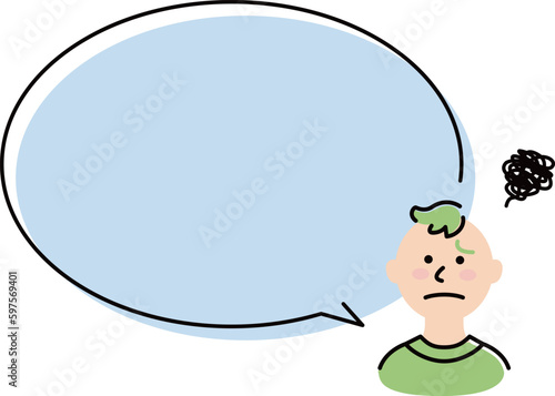 This illustration shows a boy speaking with a large speech balloon and a troubled face.